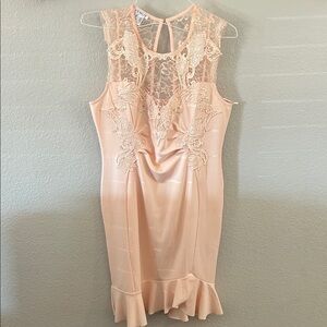 VENUS Peach Lace Appliqué Sheath Dress
